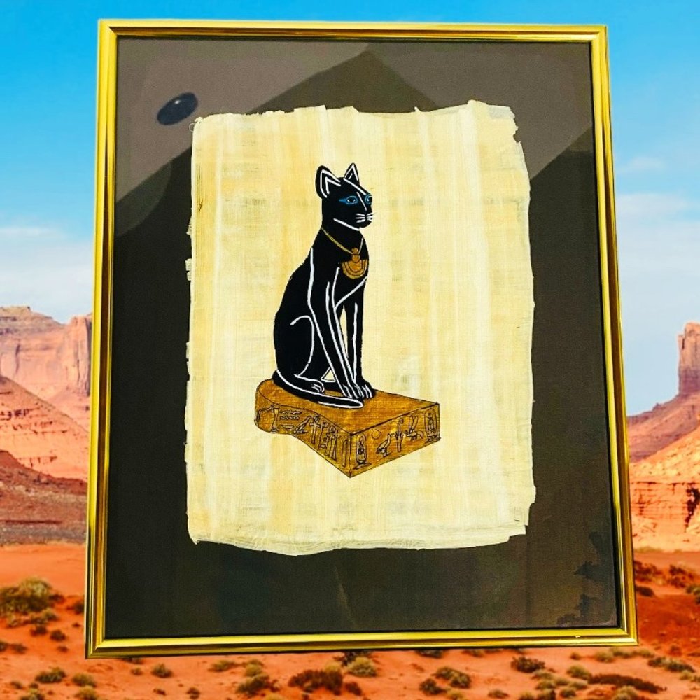 Authentic Ancient Egyptian Papyrus Artwork with Goddess Bastet-Elegantly Framed.